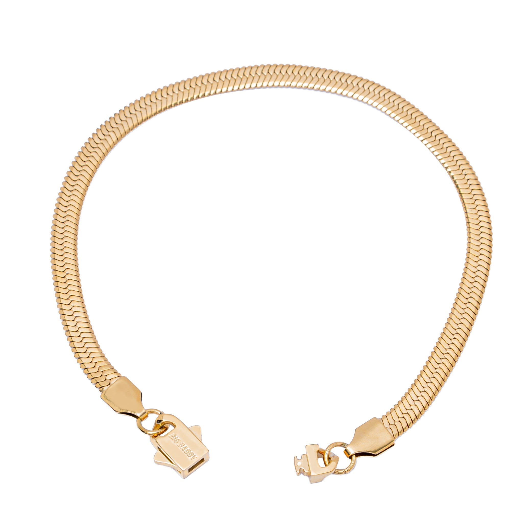 Gold herringbone bracelet showing chain links and lobster claw closure detail