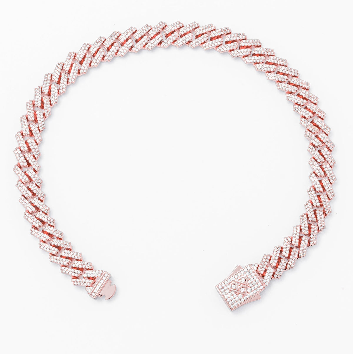 8MM rose gold Cuban link bracelet open showing iced out diamond-encrusted clasp ends