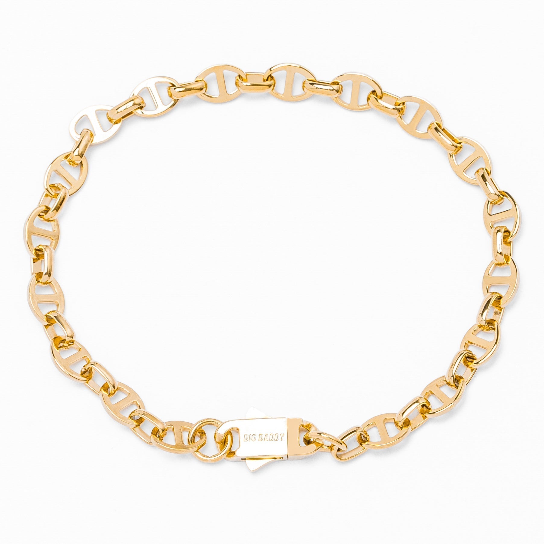Big Daddy 8MM gold mariner link bracelet displayed flat, showing complete chain with box clasp closure