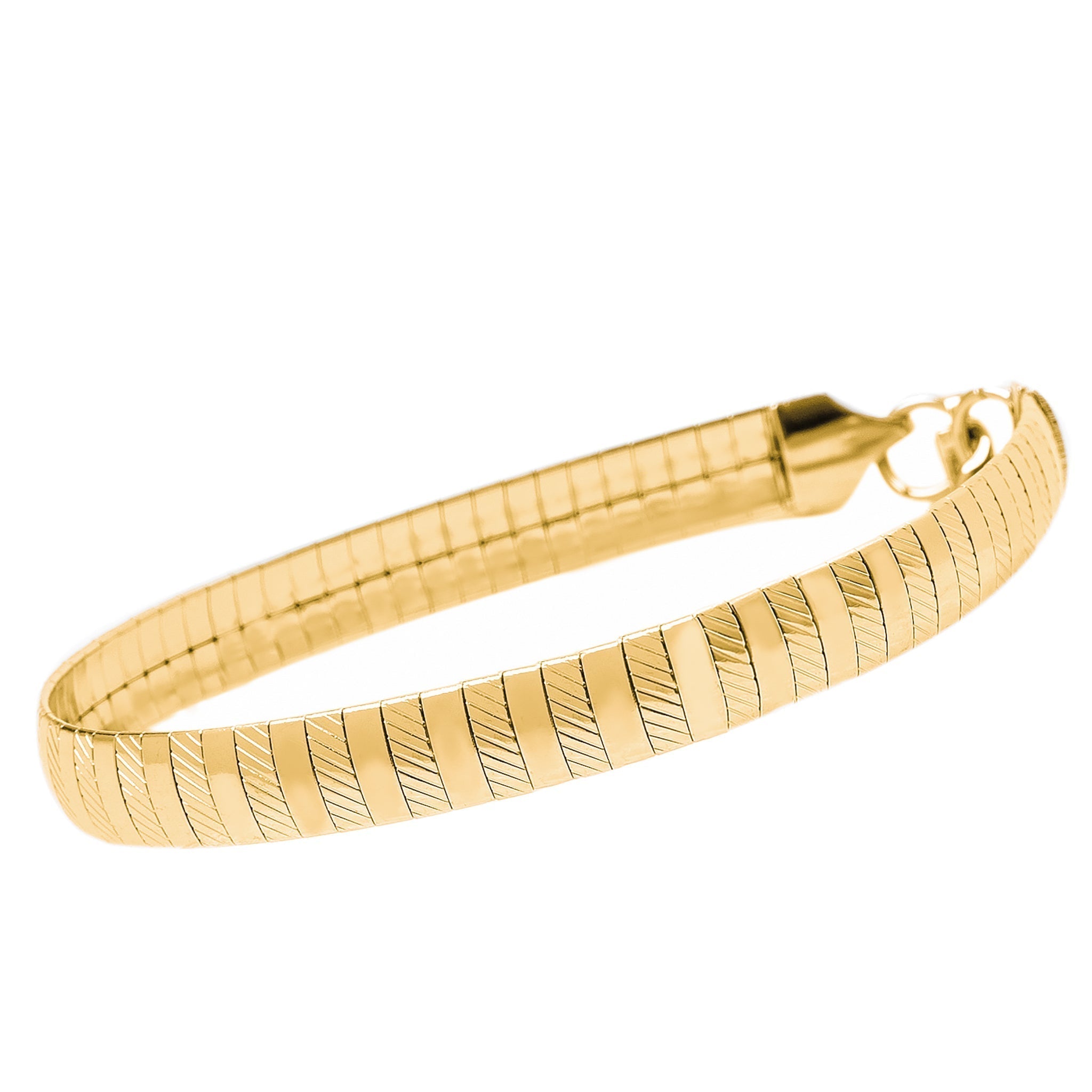 Gold omega bracelet showing 8MM width and diagonal textured surface design