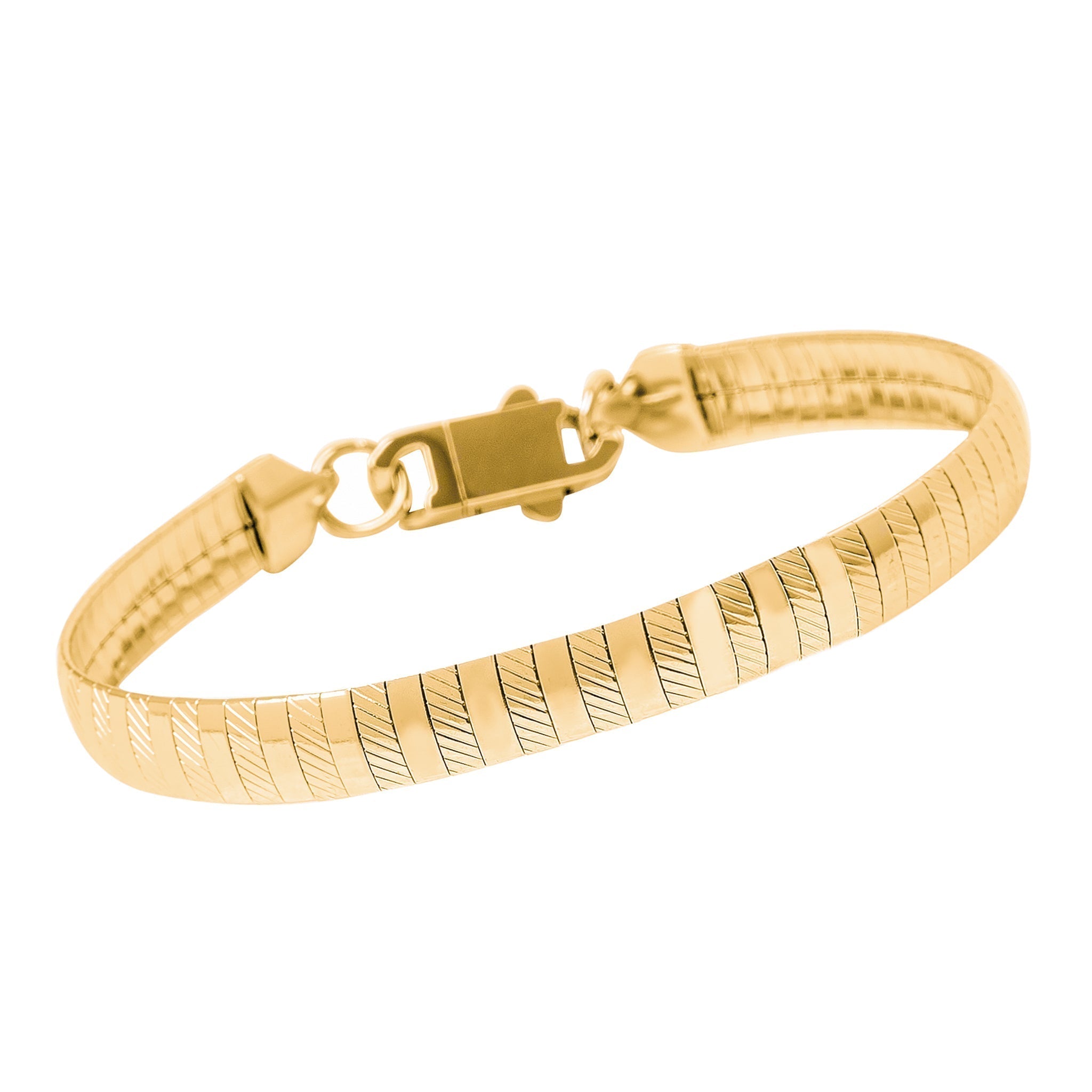 Gold omega bracelet with textured band and gold lobster claw closure