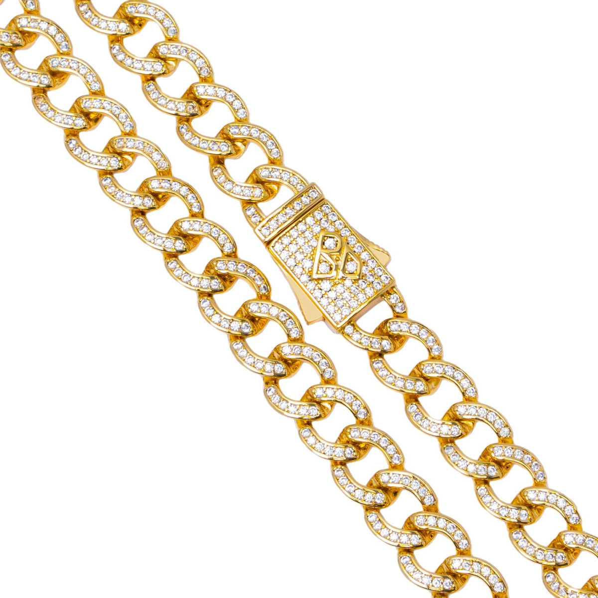 Close-up of 8MM Cuban chain links and diamond-encrusted box clasp detail
