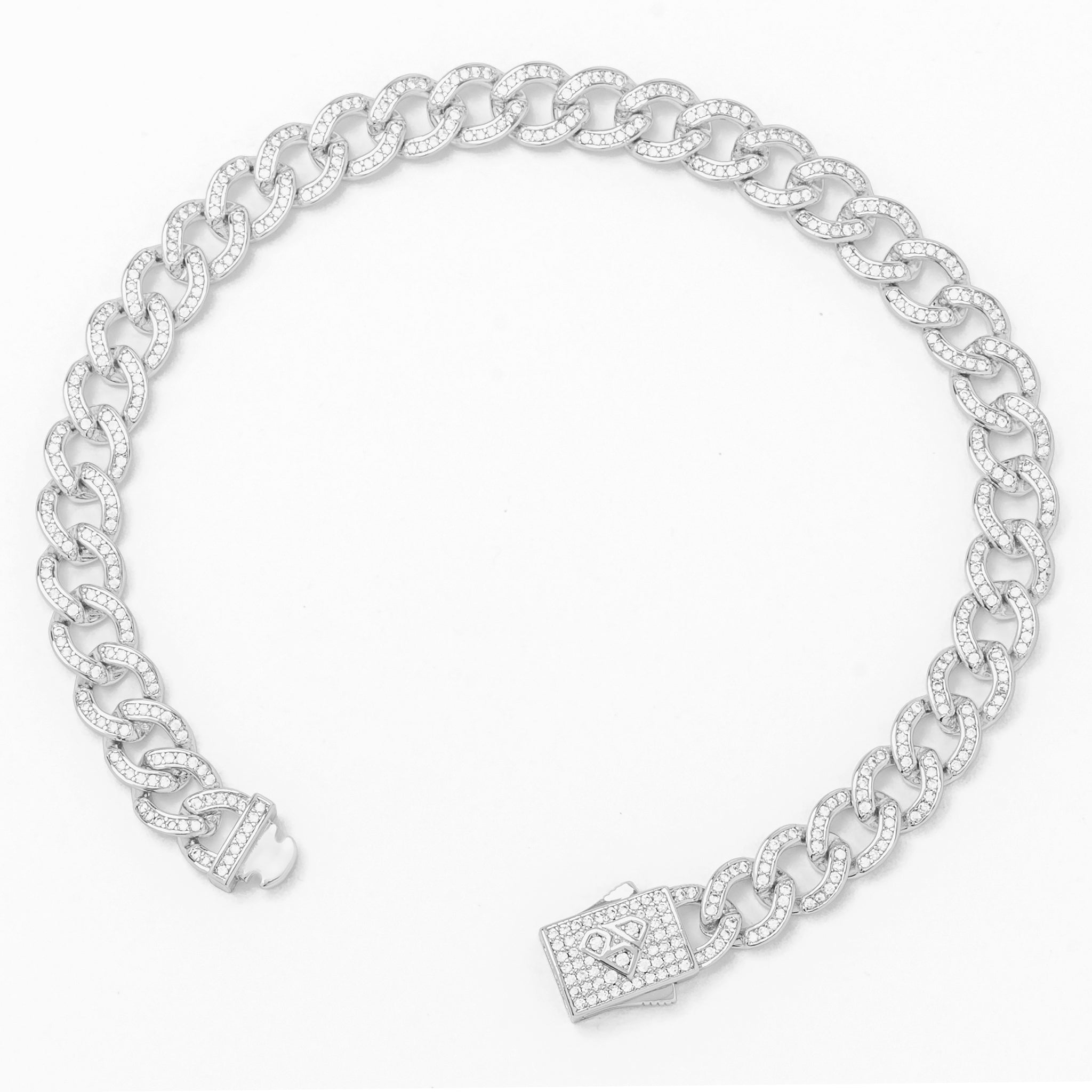 8MM iced curb Cuban silver bracelet displayed at angle showing chain link details and clasp