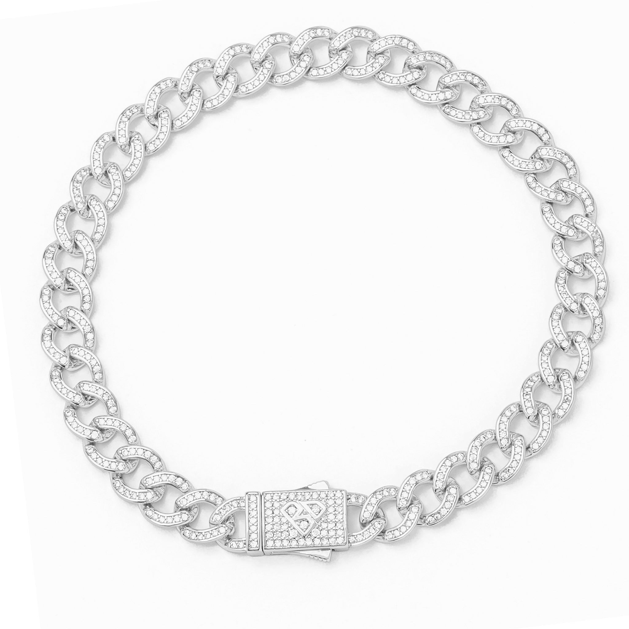 Big Daddy 8MM iced curb Cuban link silver bracelet with rhinestone accents and clasp