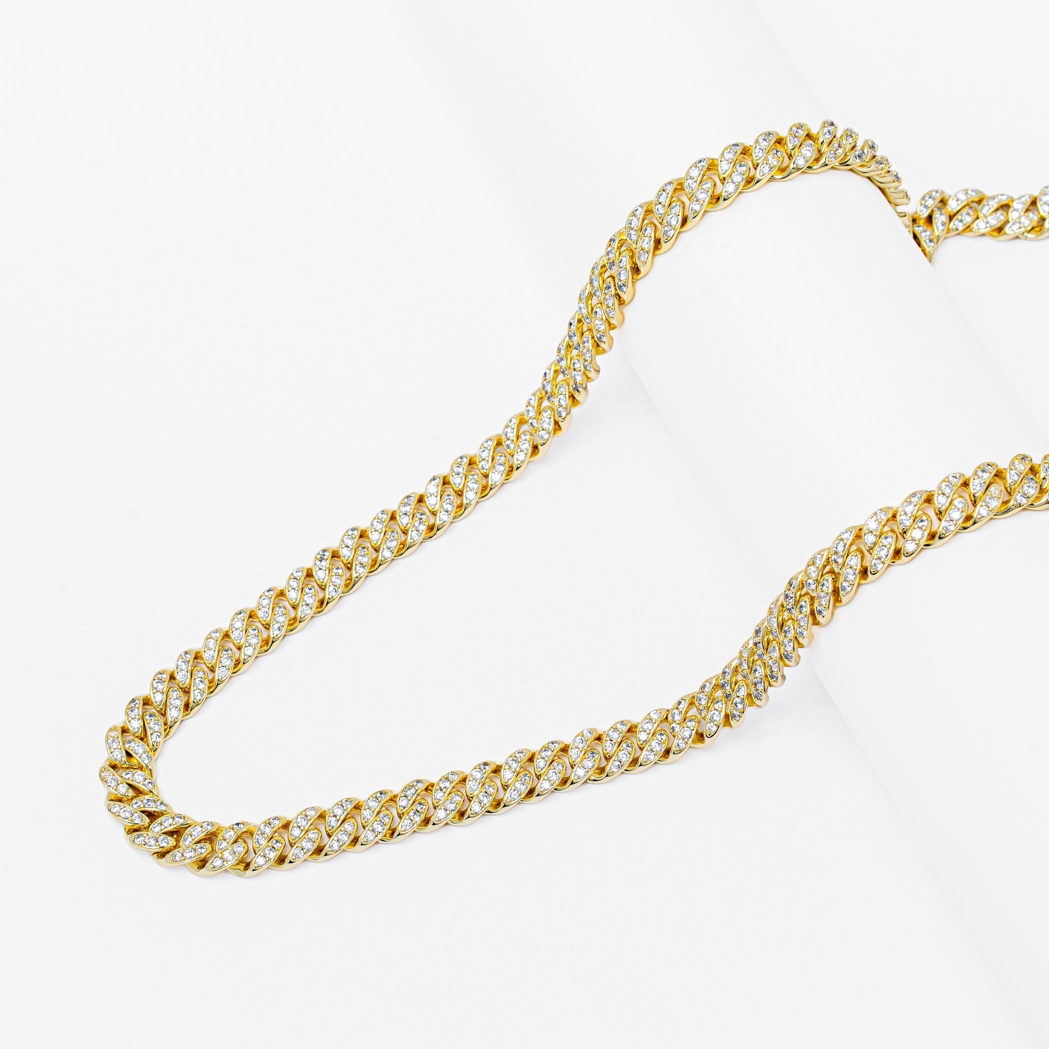 Side view of 8mm iced out gold Cuban link chain
