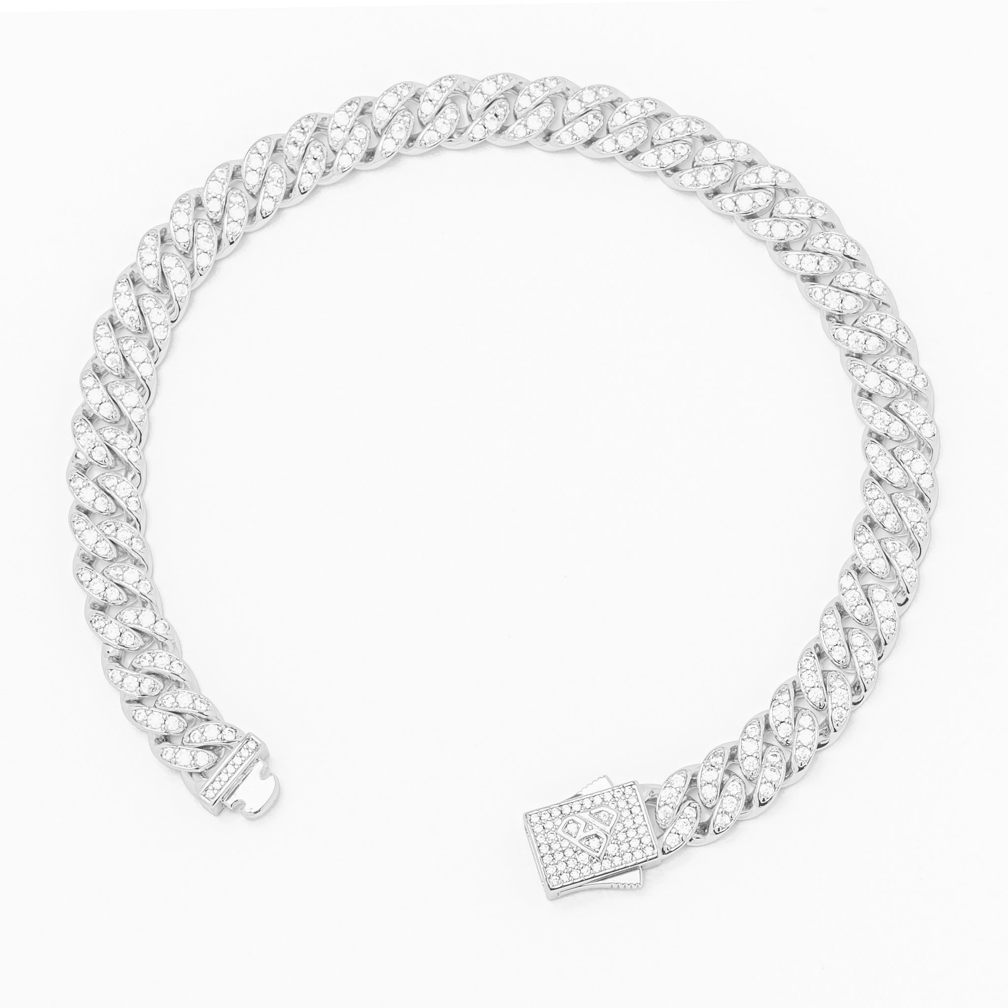 8MM silver Cuban link bracelet at angle showing iced-out design and clasp detail