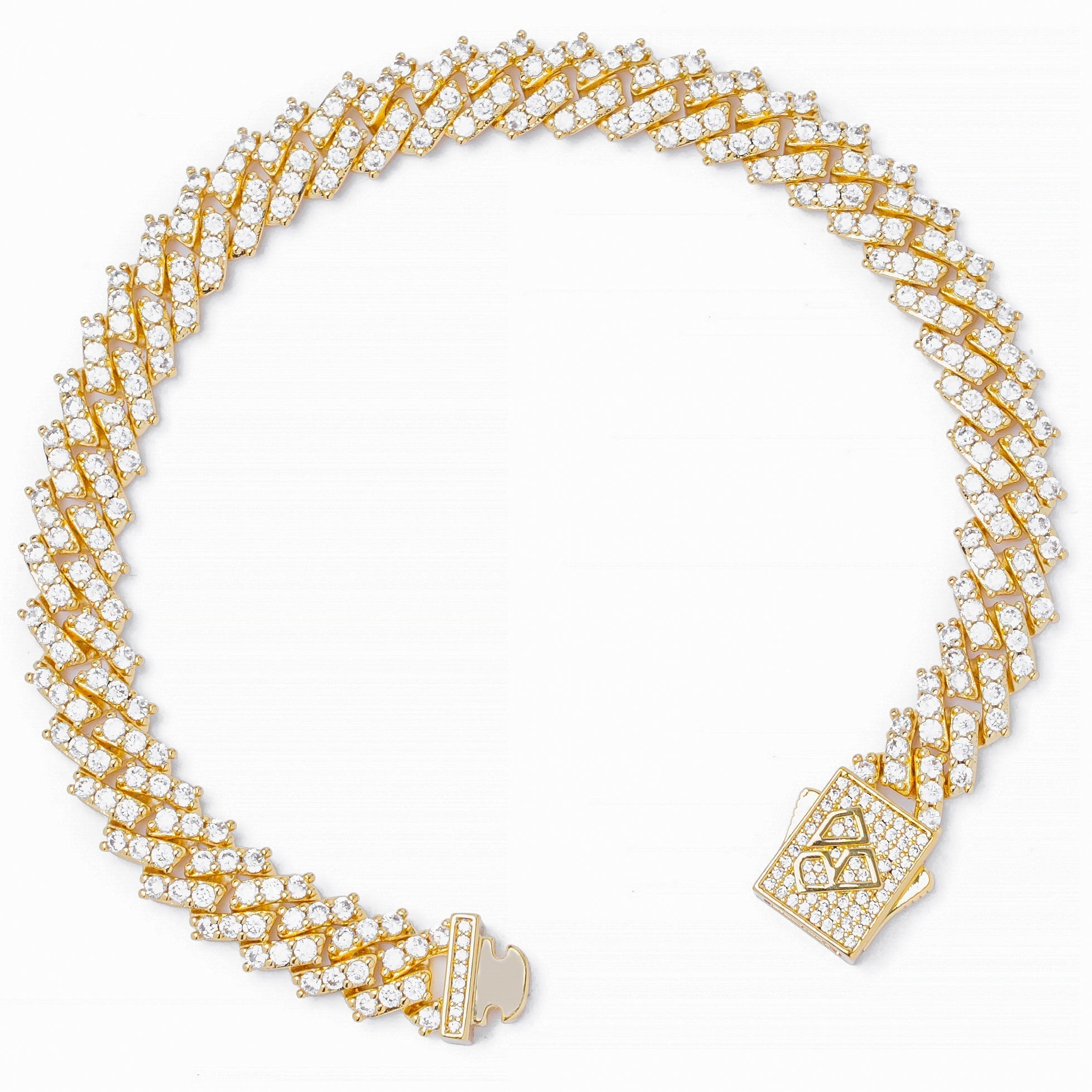 Gold Cuban link bracelet showing diamond prong closure and link details