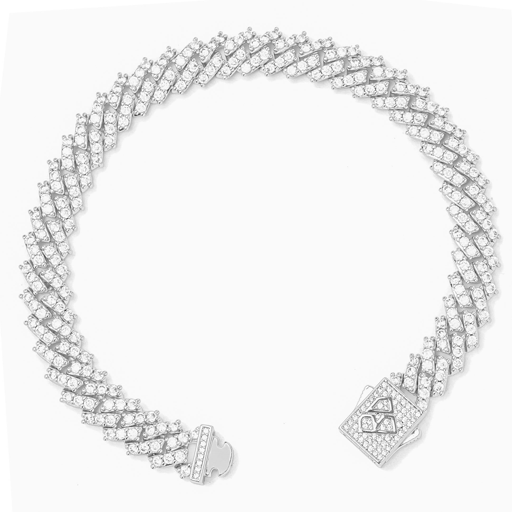 Big Daddy 9MM silver Cuban link bracelet showing clasp detail and diamond prong setting