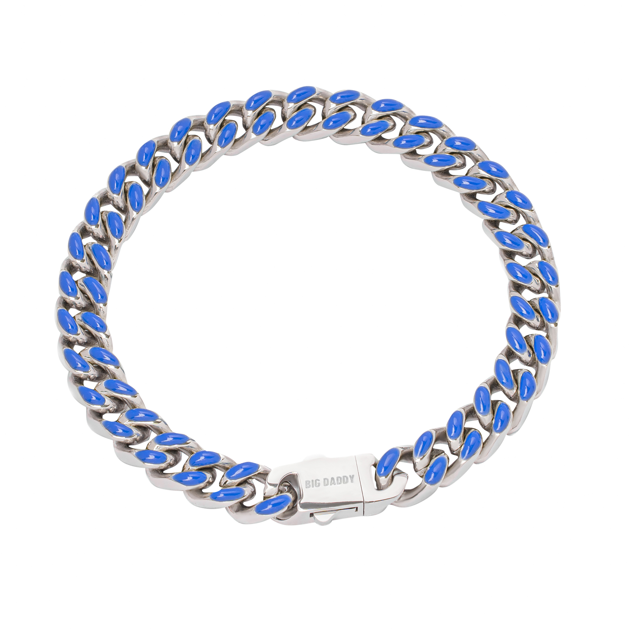 Big Daddy 9MM blue enamel Cuban link bracelet with steel box clasp, top view