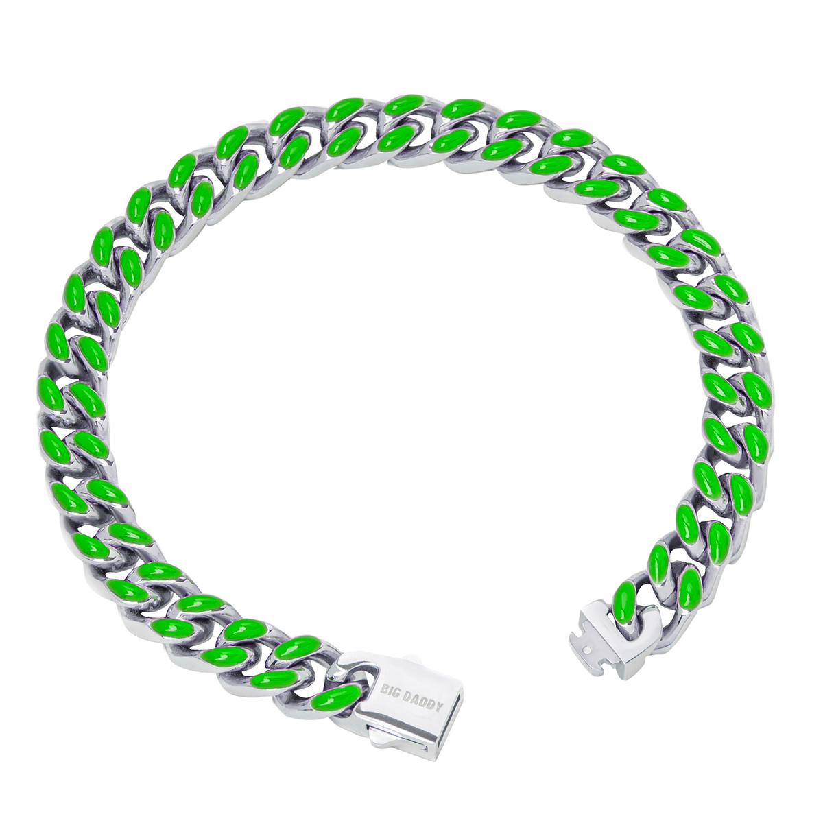 Big Daddy 9MM enamel green steel Cuban bracelet at angle view, highlighting chain links and clasp detail