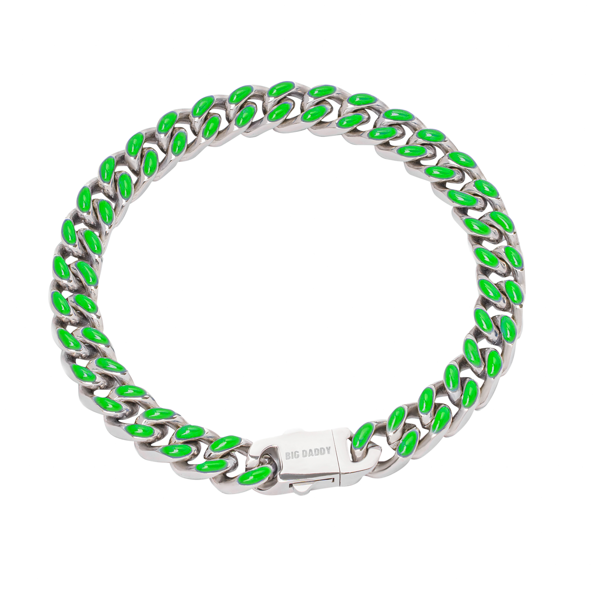 Big Daddy 9MM enamel green steel Cuban bracelet displayed flat, showing full chain with box clasp