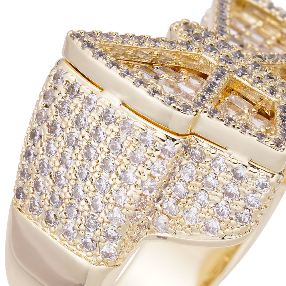 Close-up angled view of butterfly ring showing diamond pavΓ© detail and gold bands