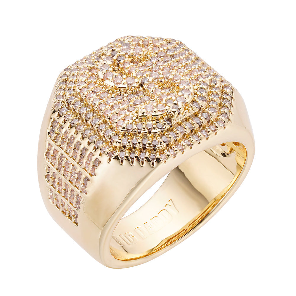 Big Daddy Dollar Sign Iced Out Ring with dollar sign design and crystal pavΓ© in gold-tone