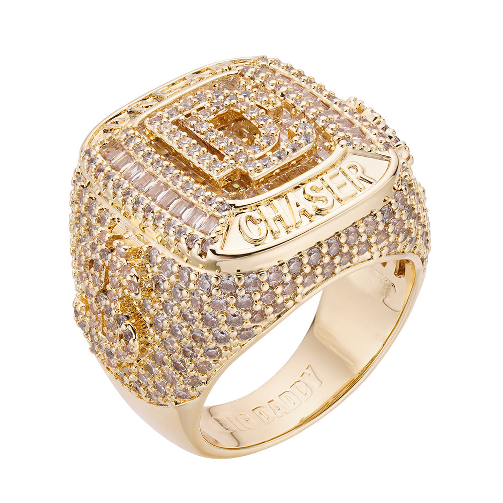 Gold baguette iced out diamond ring with pavΓ© diamonds and Dream Chaser nameplate