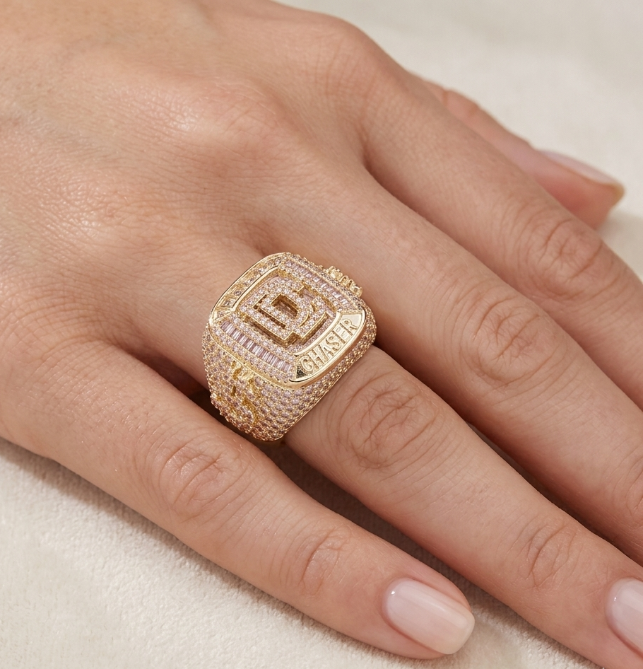 Big Daddy Dream Chaser baguette diamond ring worn on hand showing size and fit