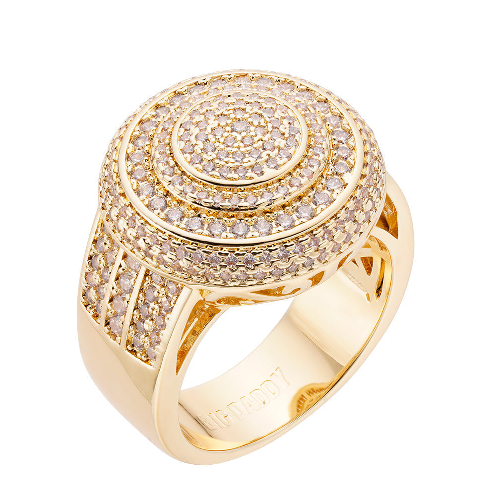 Gold iced out diamond ring with concentric circular diamond-set design on finger