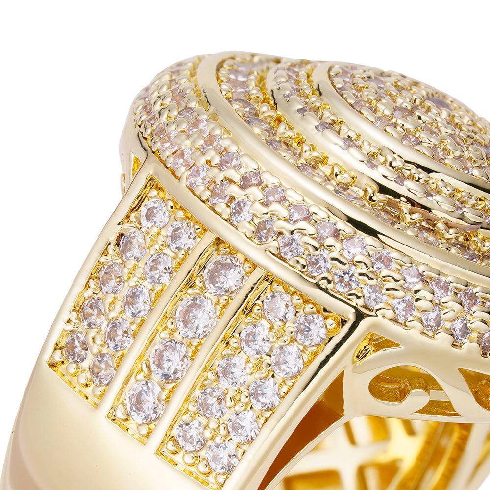 Close-up angle view of diamond ring showing layered diamond-encrusted design and gold band