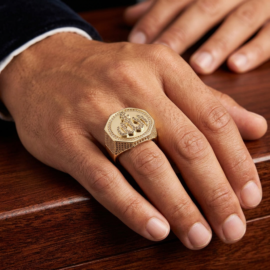 God Allah diamond ring worn on hand showing fit and design