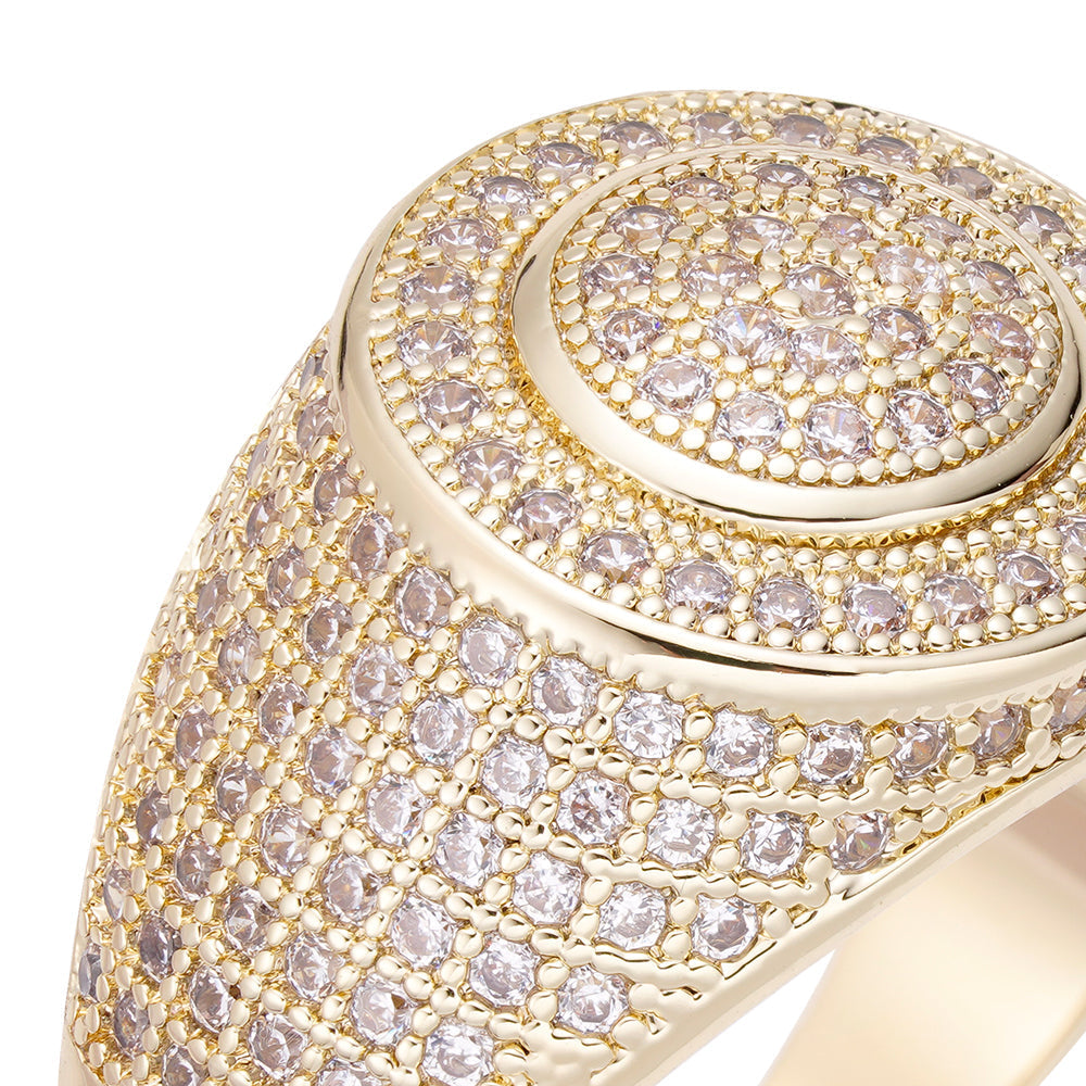 Close-up detail of diamond pavΓ© setting on Gold Digger signet ring top and shank