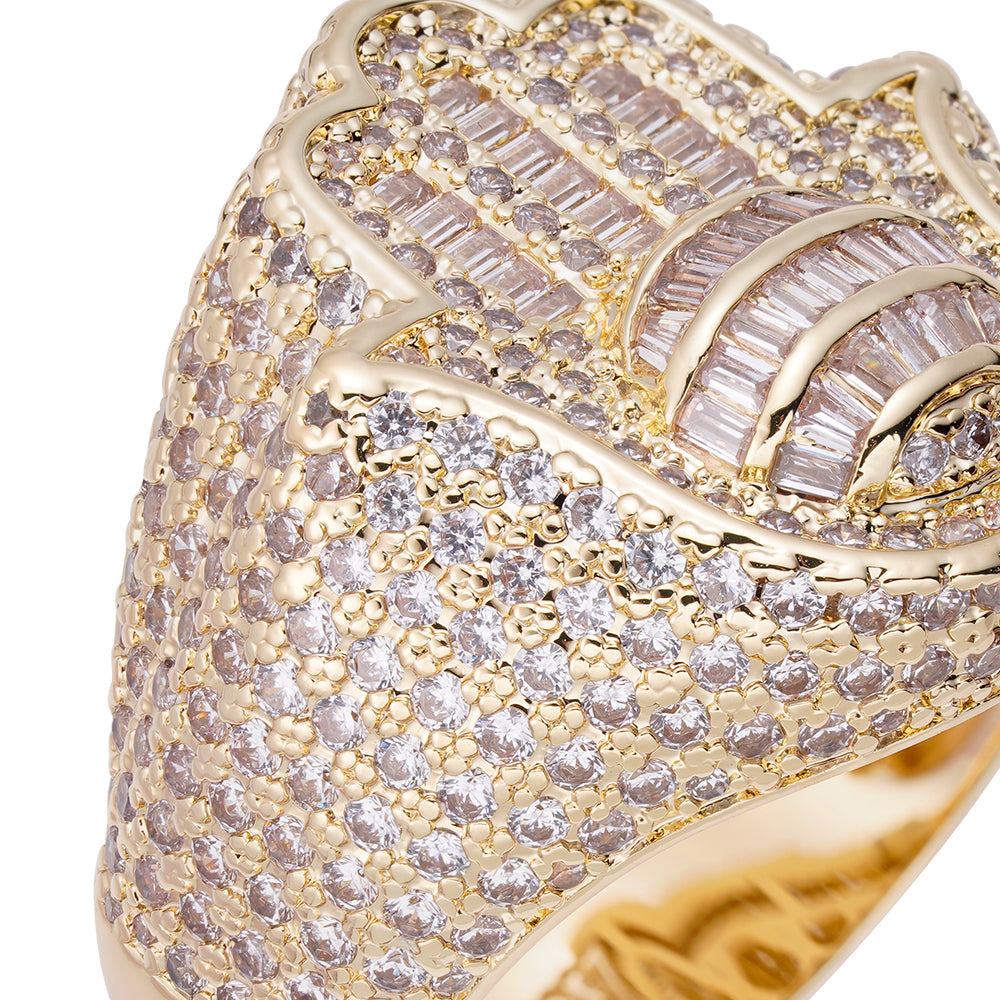 Close-up detail of baguette crystal and stone setting on Hamsa Hand Ring