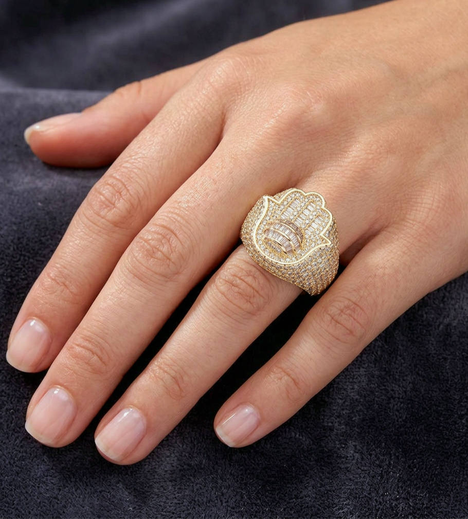 Gold Hamsa Hand Baguette Ring worn on finger