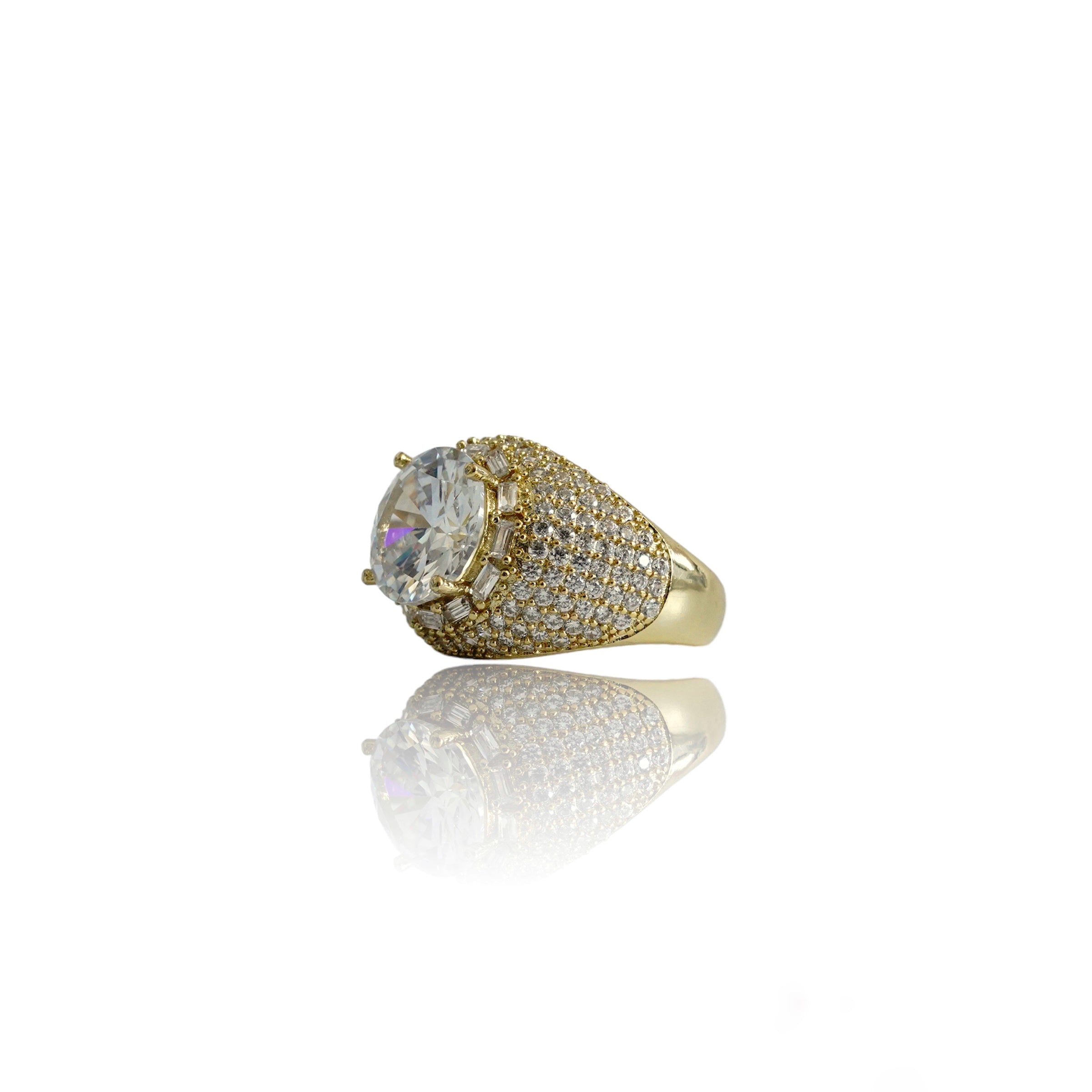Side profile of Big Daddy gold ring showing band width and stone height