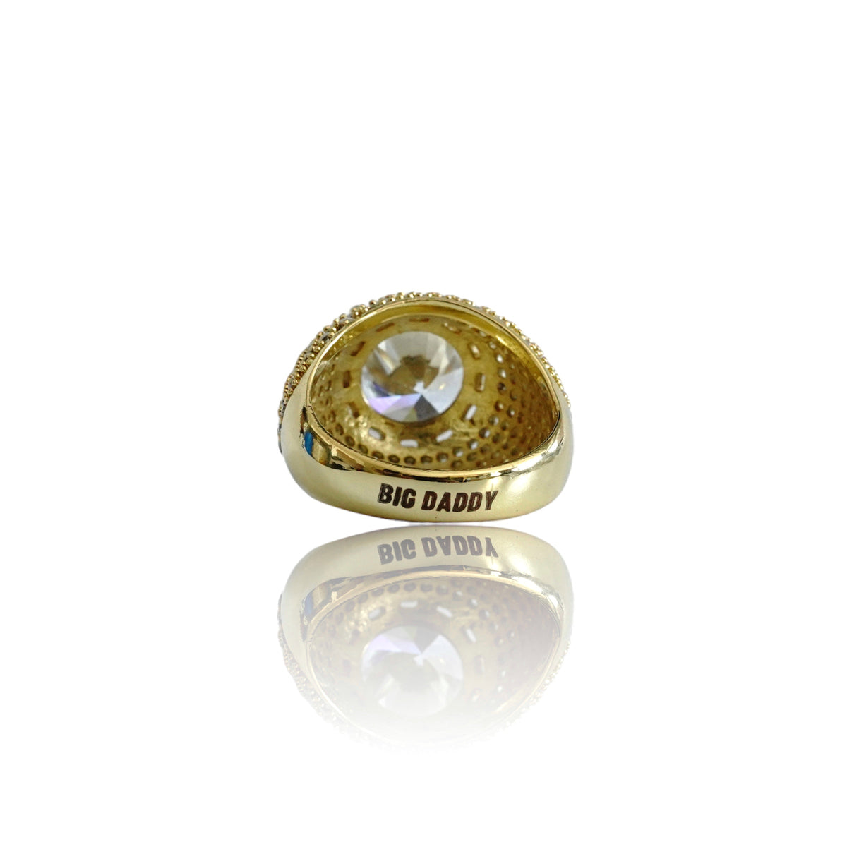 Bottom view of Big Daddy gold ring showing engraved branding on band