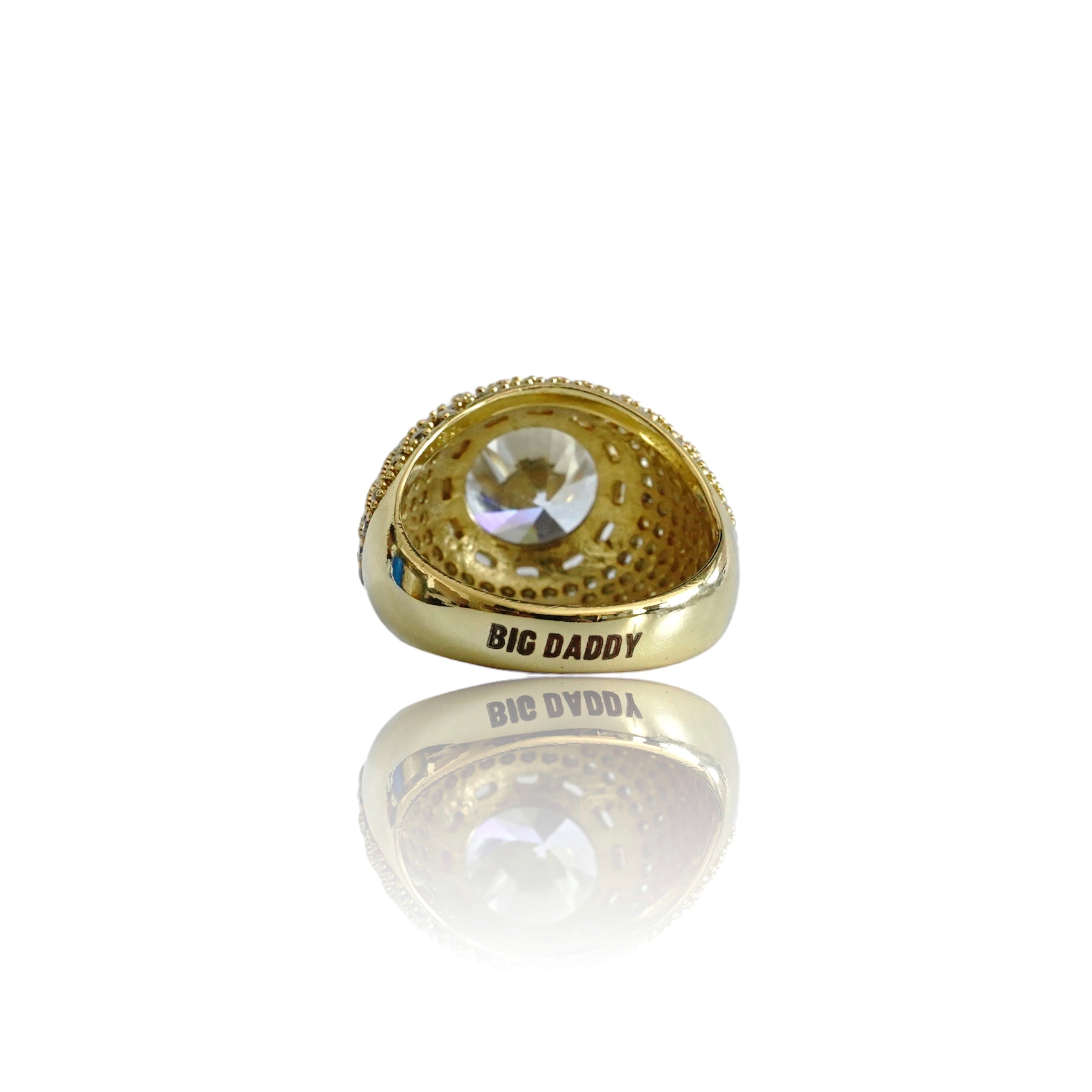 Bottom view of Big Daddy gold ring showing engraved branding on band