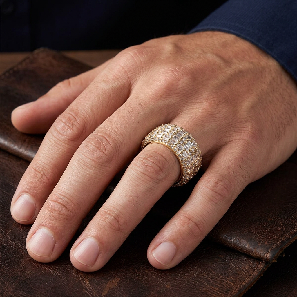 Baguette diamond ring worn on finger over brown leather background