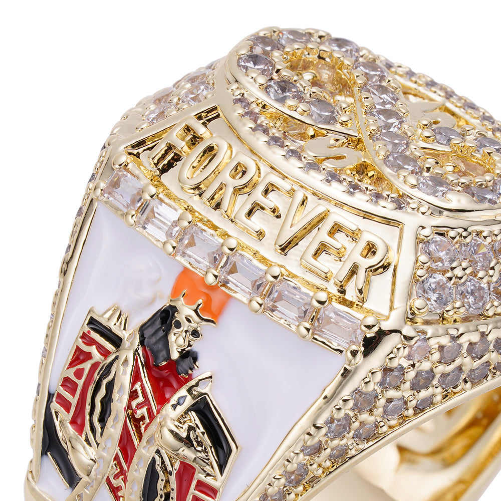 Detailed view of ring showing 'Rich Forever' text and baguette diamond placement
