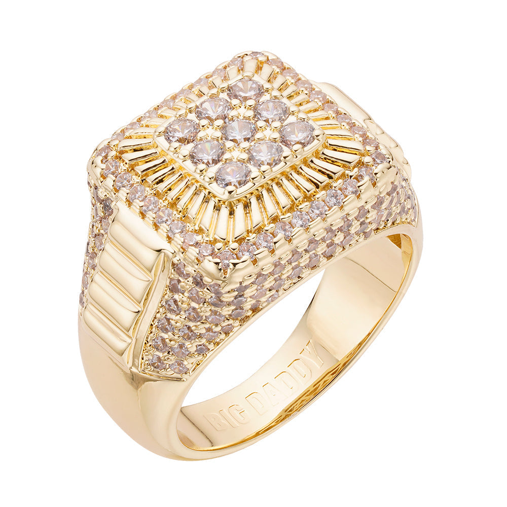 Gold-plated iced out diamond ring with square face and baguette accent stones