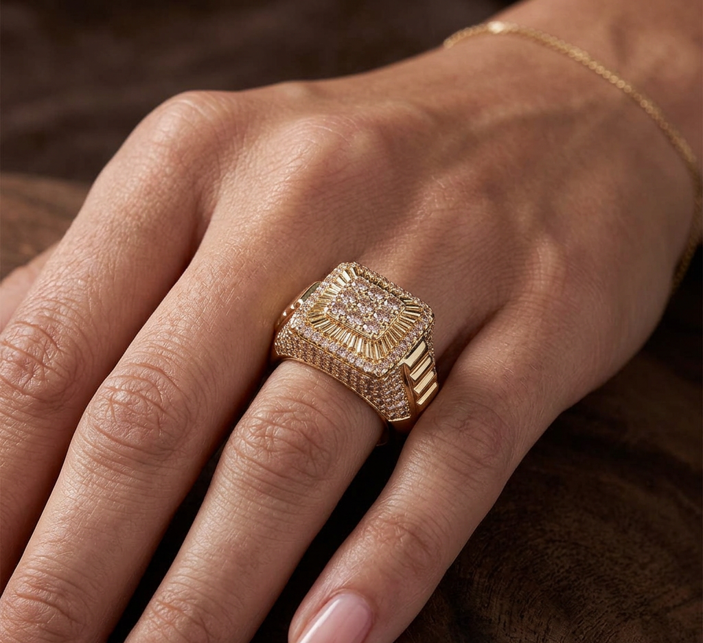 Iced out diamond ring worn on hand showing scale and styling