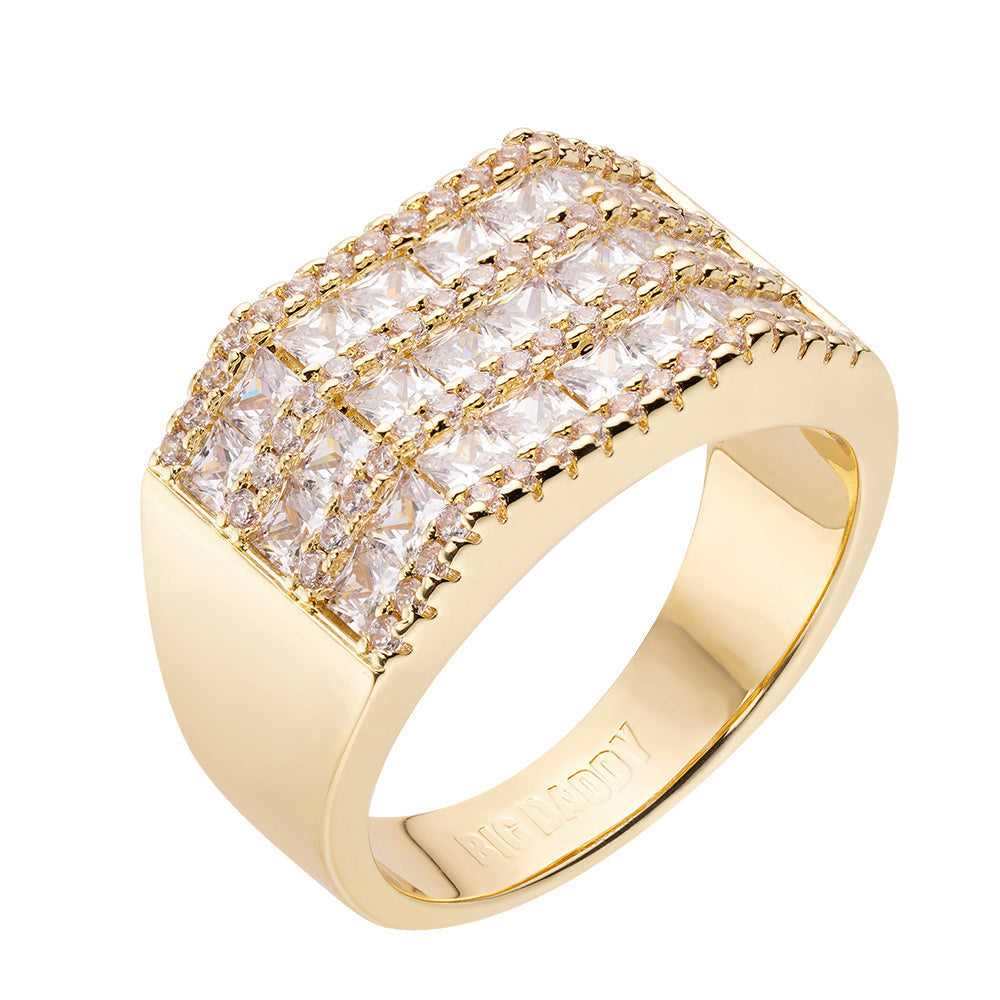 Big Daddy Royal iced out ring with multiple rows of cubic zirconia in gold-tone setting
