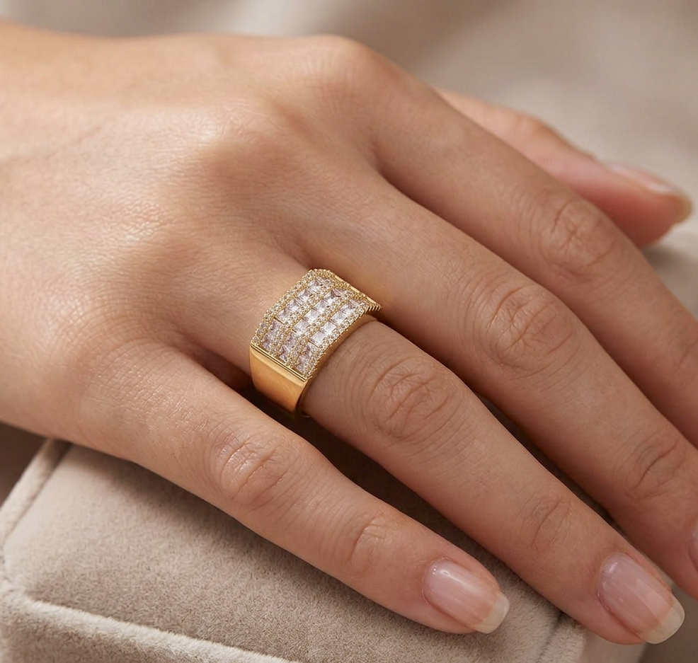 Big Daddy Royal ring worn on finger showing iced out crystal design