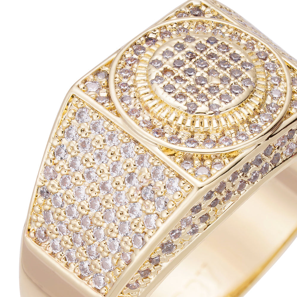 Close-up detail of pave diamond setting on ring face and band