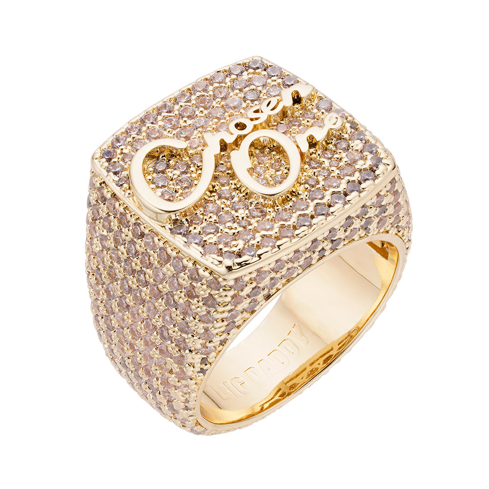 Big Daddy The Chosen One iced out ring with pavΓ© cubic zirconia and gold logo detail