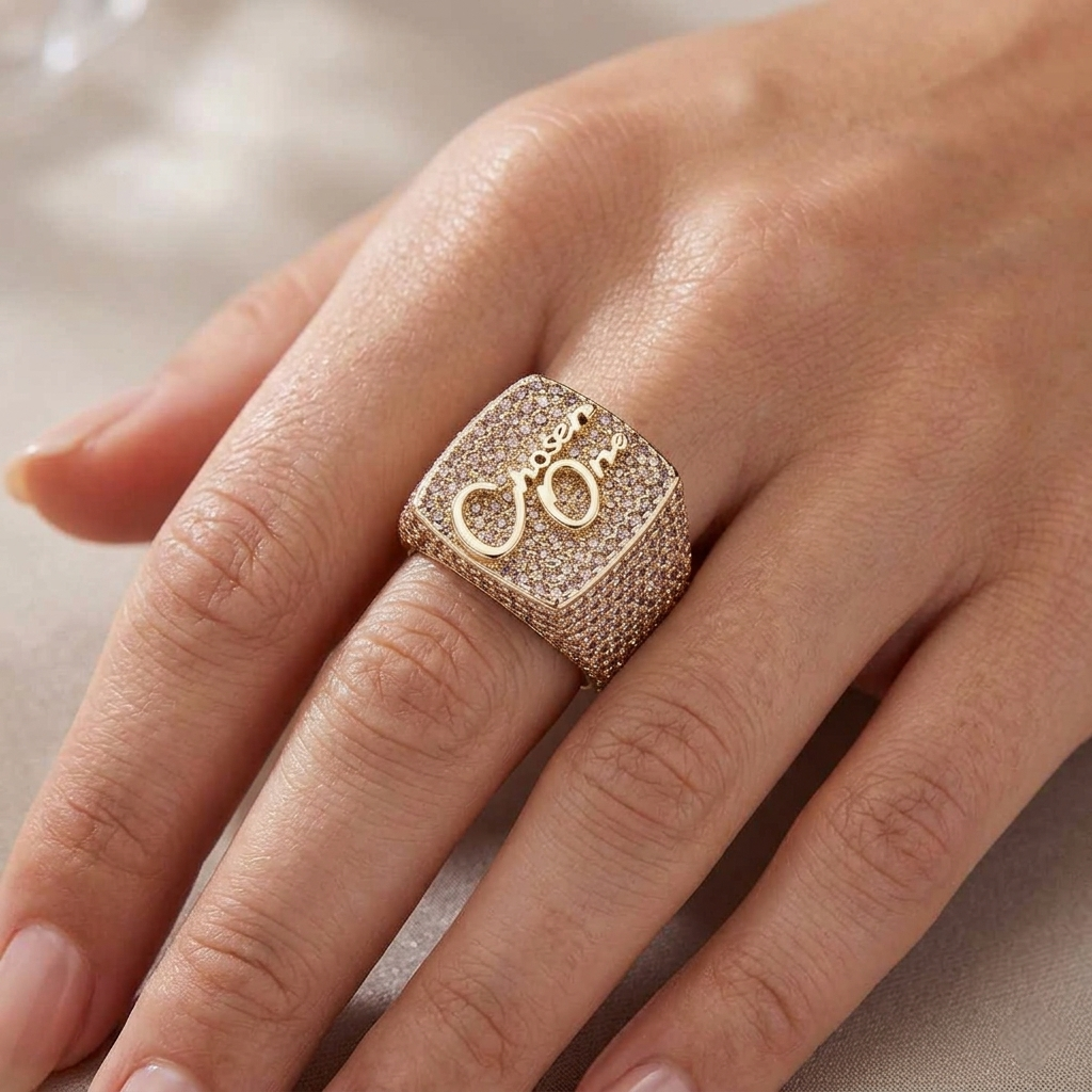 Big Daddy The Chosen One iced out ring worn on hand showing design and fit