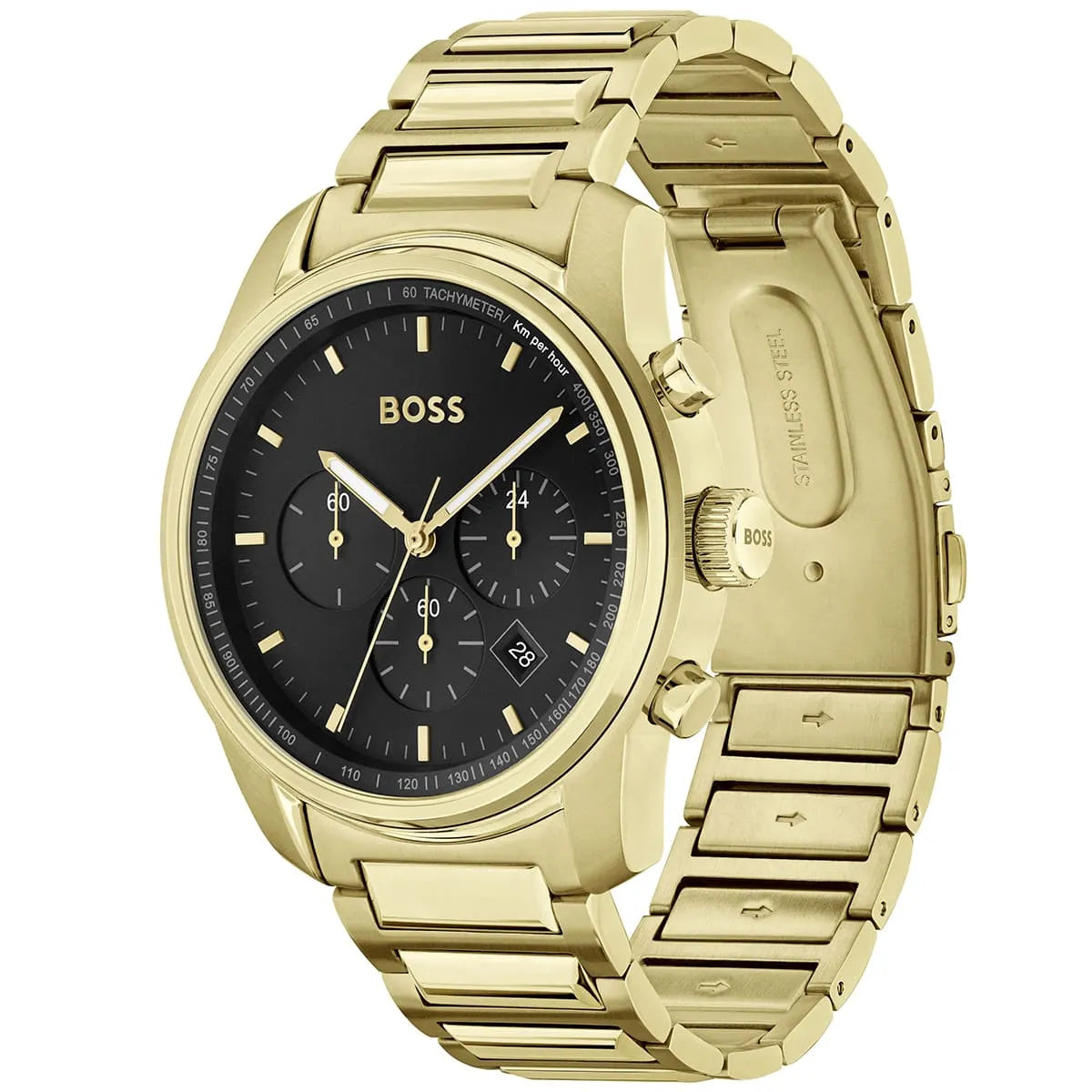 Hugo BOSS Trace watch side profile showing gold case and stainless steel bracelet