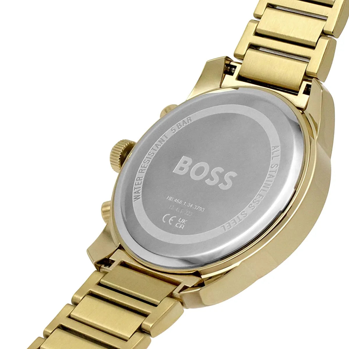 Hugo BOSS Trace watch caseback detail with engraved BOSS branding and specifications