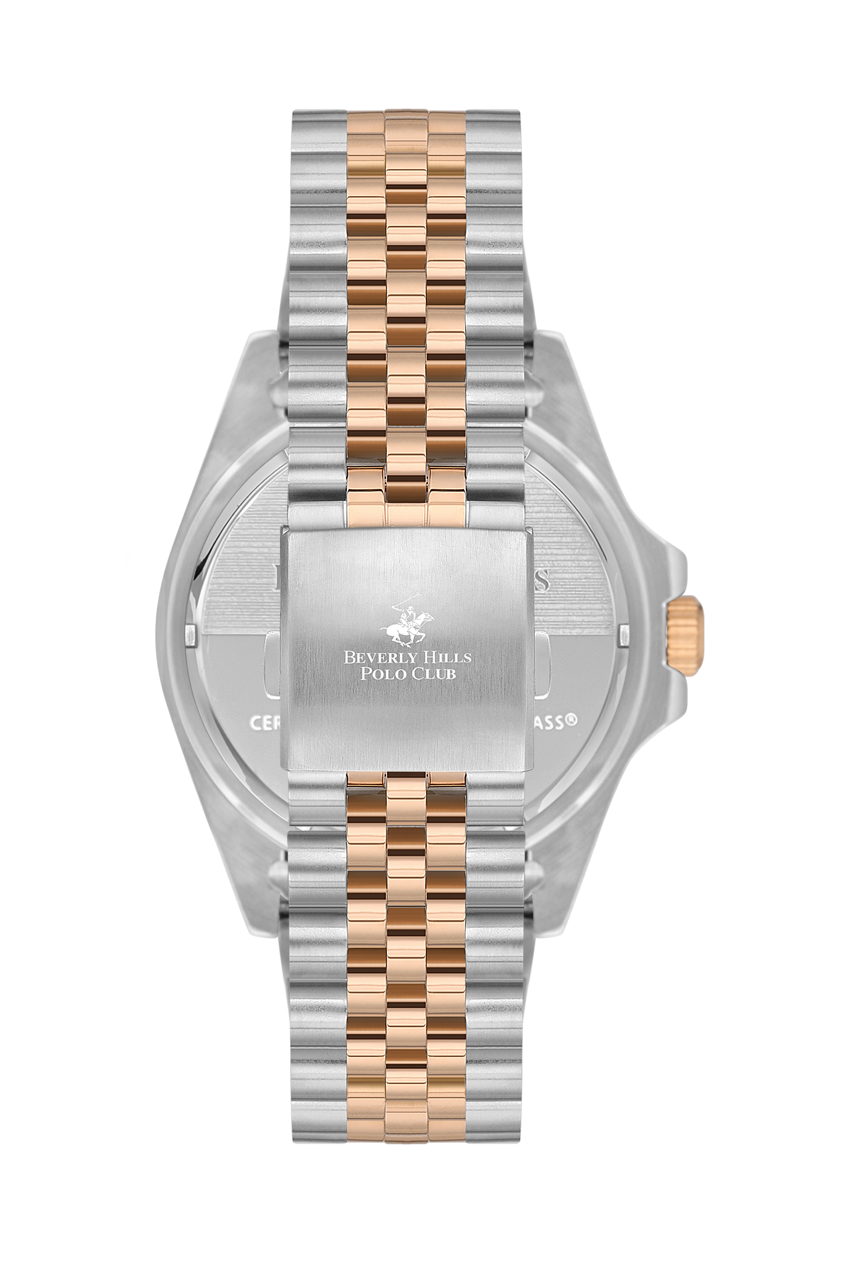 BP3126X.550 watch displayed flat showing two-tone metal bracelet and case design