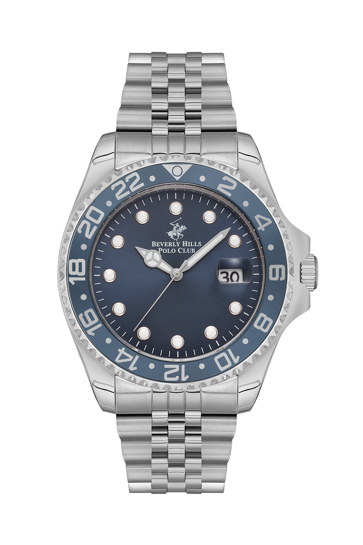 Beverly Hills Polo Club BP3126X.390 men's watch with dark blue dial, silver-tone stainless steel case and bracelet, date window, and bezel