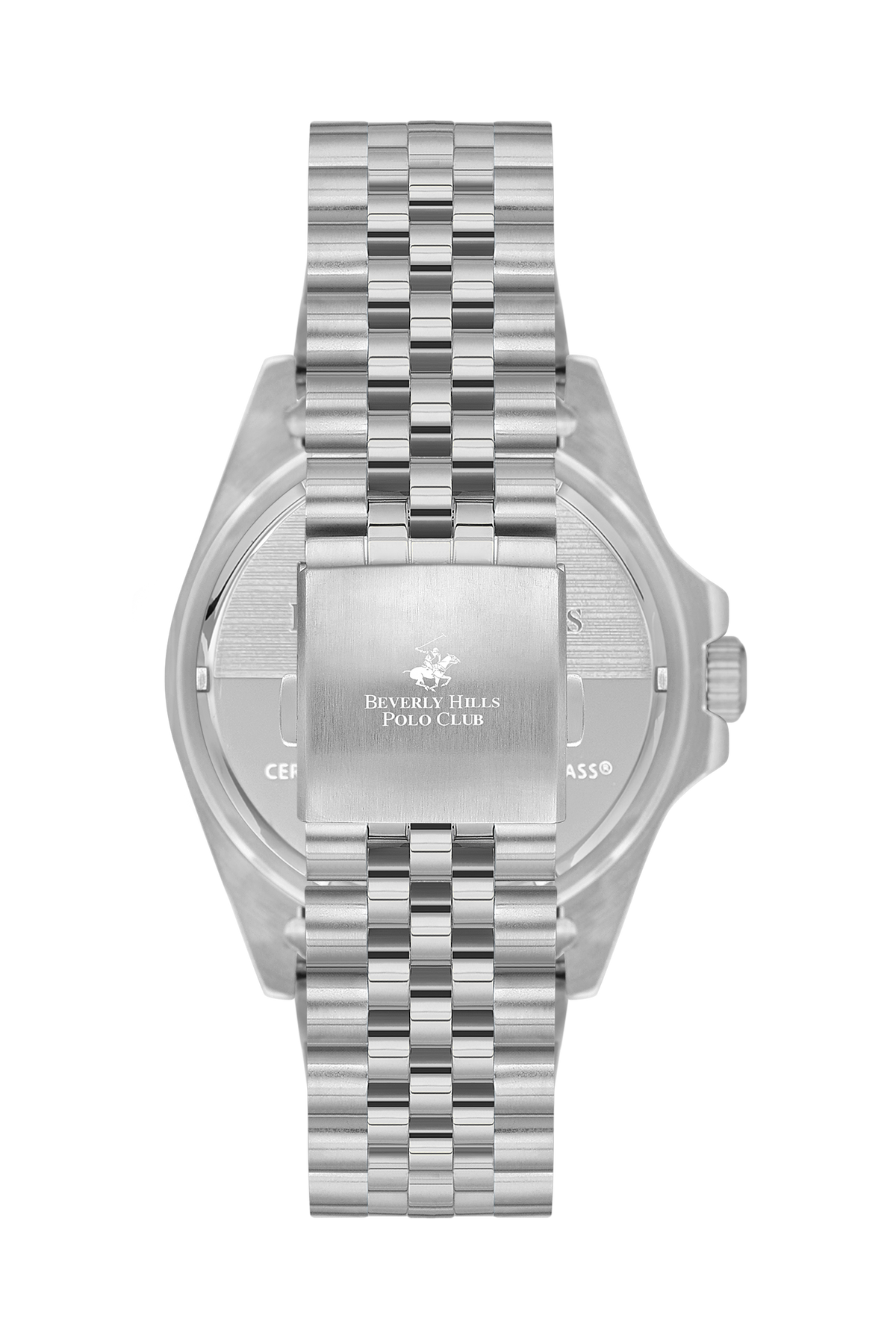 BP3126X.390 Beverly Hills Polo Club waterproof watch worn, displaying silver bracelet and dark blue dial