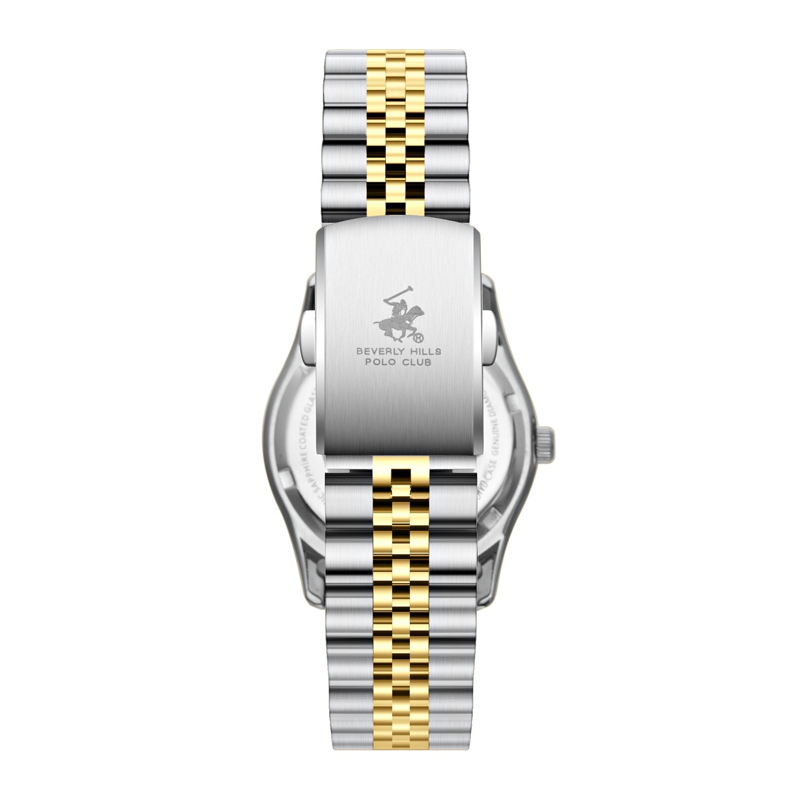 Beverly Hills Polo Club watch caseback showing two-tone bracelet and engraved back