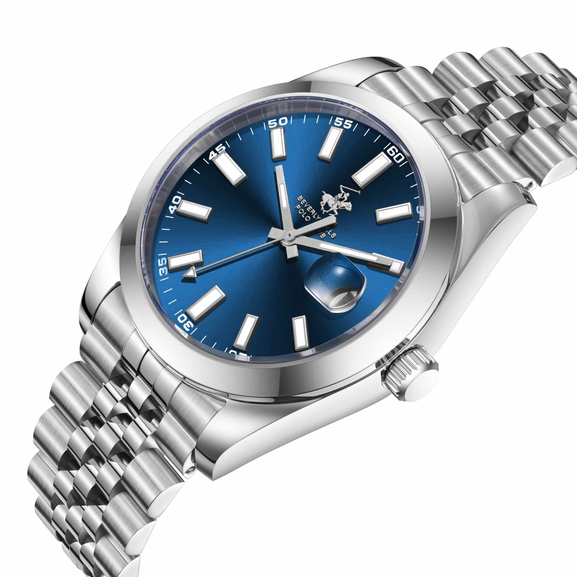 Angled view of Beverly Hills Polo Club watch showing blue dial and stainless steel bracelet