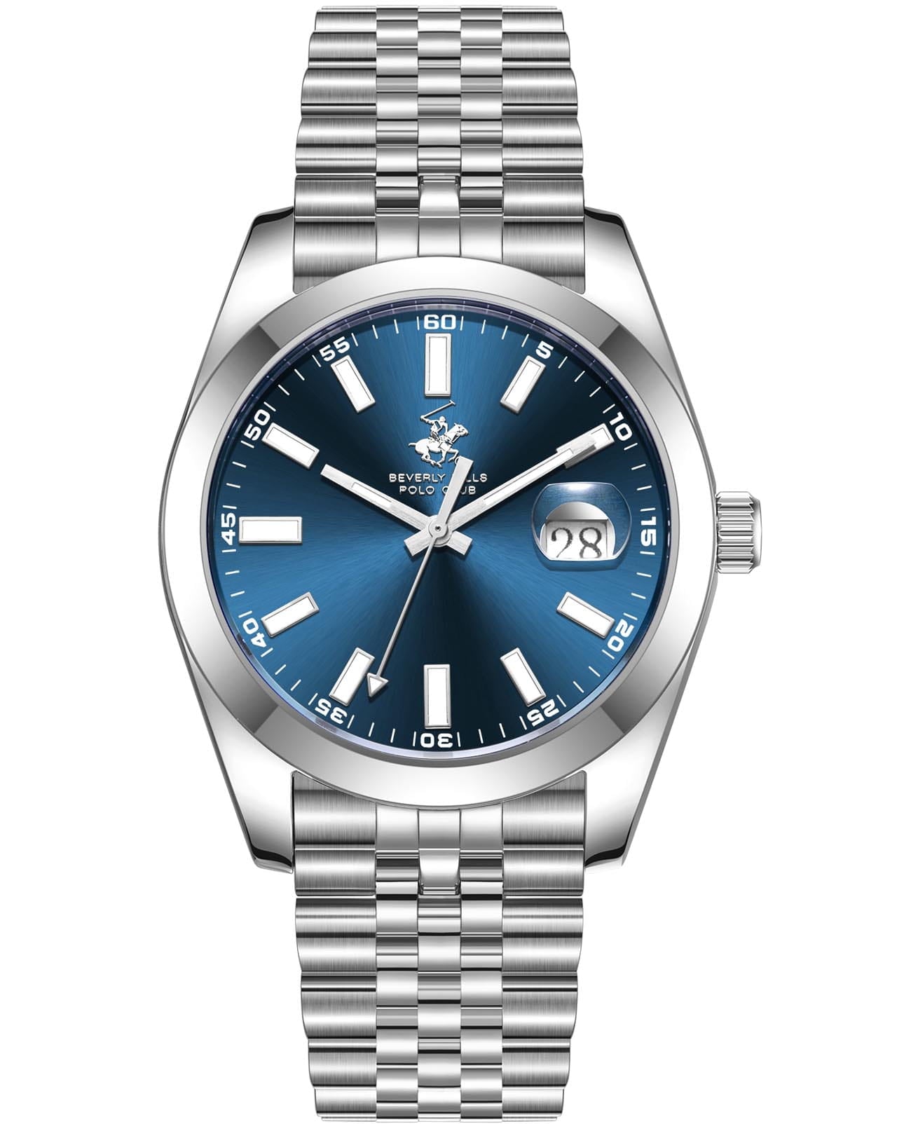 Silver stainless steel Beverly Hills Polo Club watch with blue dial and date window