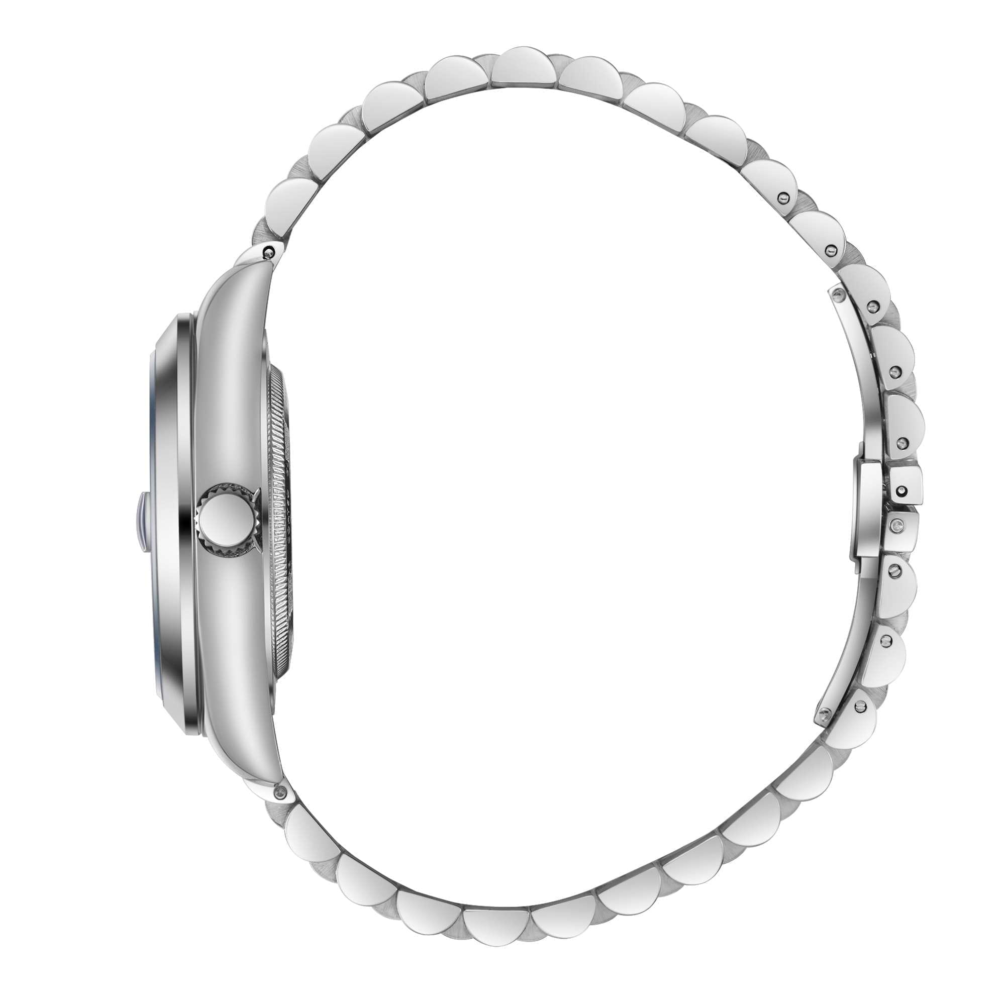 Side profile of silver stainless steel watch case and link bracelet