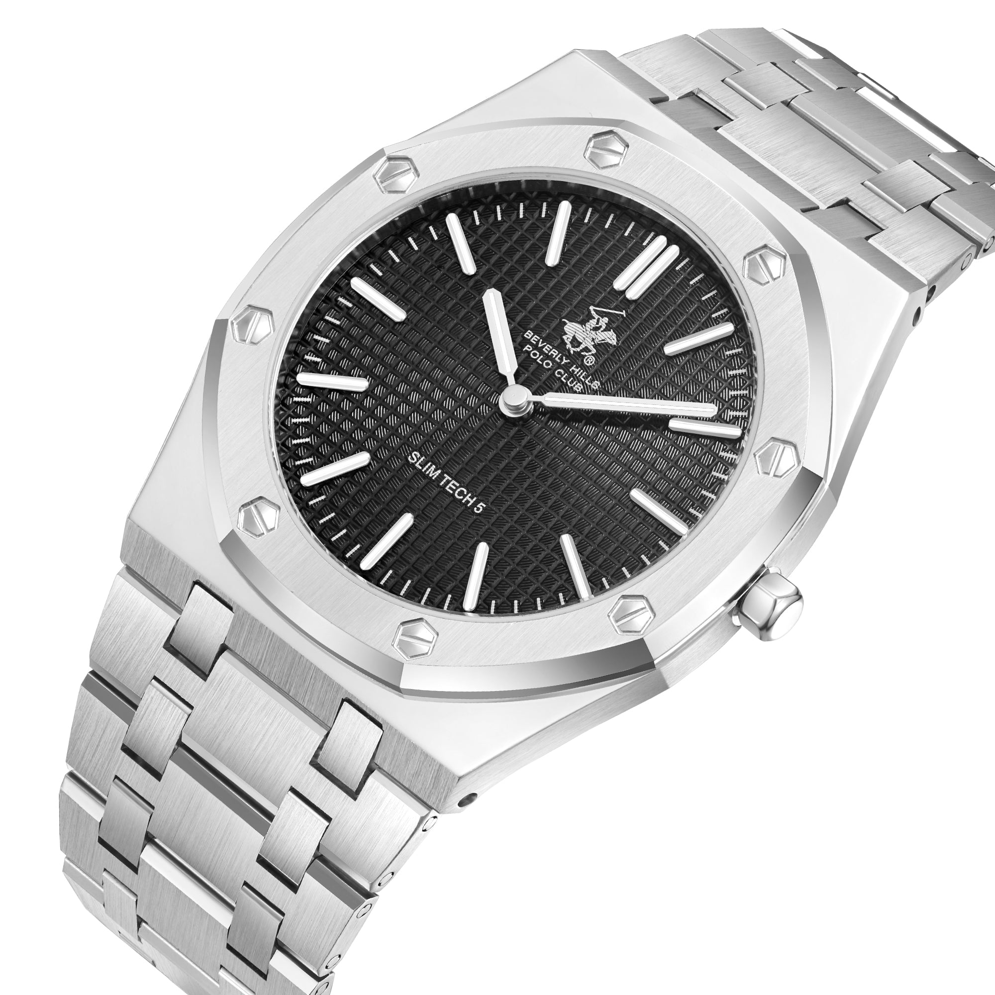 Beverly Hills Polo Club Slim Tech 5 silver watch with black dial and silver link bracelet, angled view