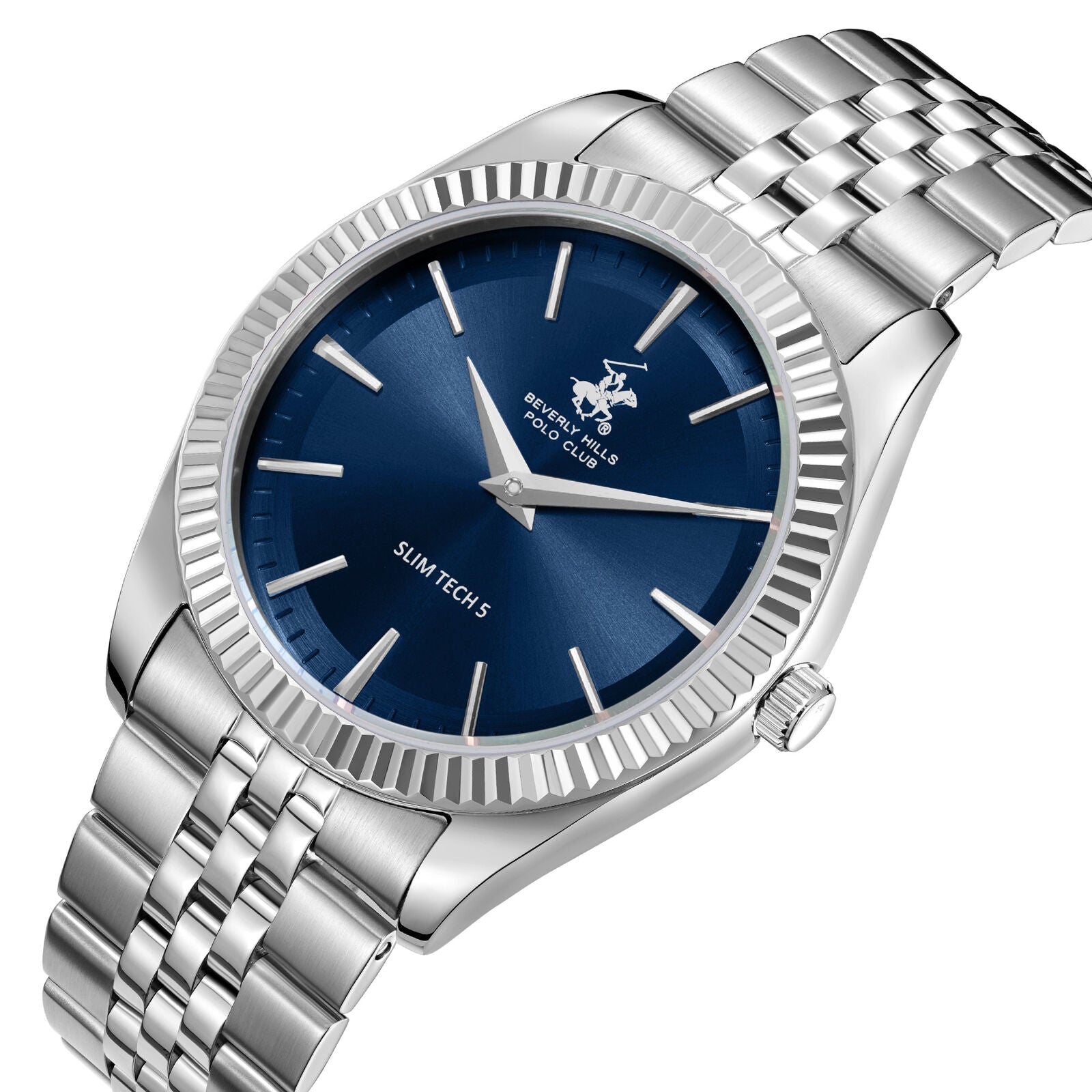 Beverly Hills Polo Club silver watch with blue dial displayed at angle showing bracelet detail