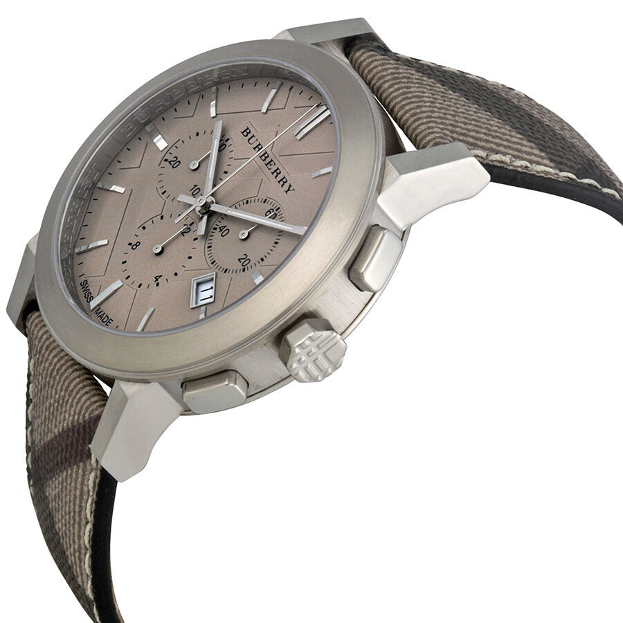 Burberry BU9361 watch angled view showing brown dial and check fabric strap