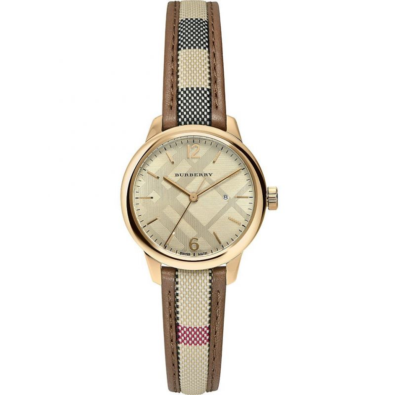 Burberry Womenβs Swiss Made Leather Strap Gold Dial Women's Watch BU10114 - The Watches Men & CO